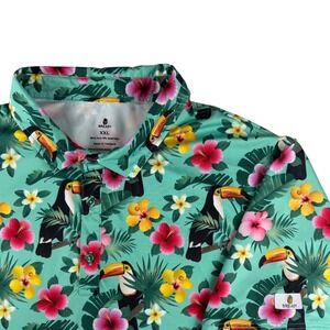Breasy Mens XXL Tropical Toucan Hibiscus Floral Parrot Golf Polo Teal Green